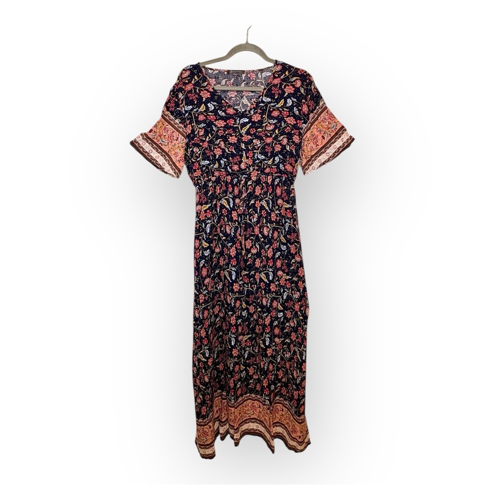 PrettyGarden Navy Floral Boho Maxi Dress Romantic Casual Short Sleeve Large